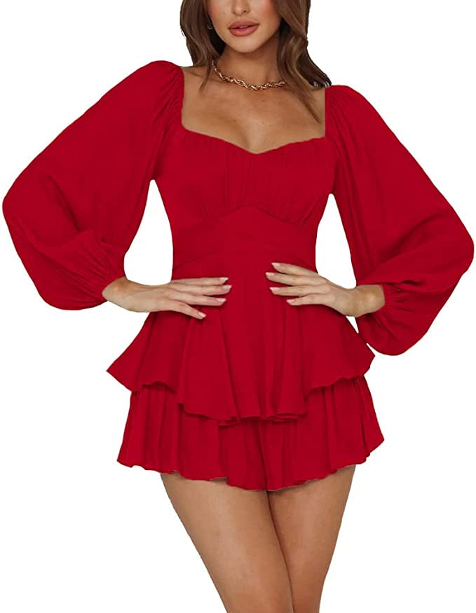 Western-Outfits Damen Urban Fashion Rüschen-Jumpsuit Damen Sommer Laterne Langarm Quadratischer Kragen Enge Taille Elegant Modisch Casual Hosenrock