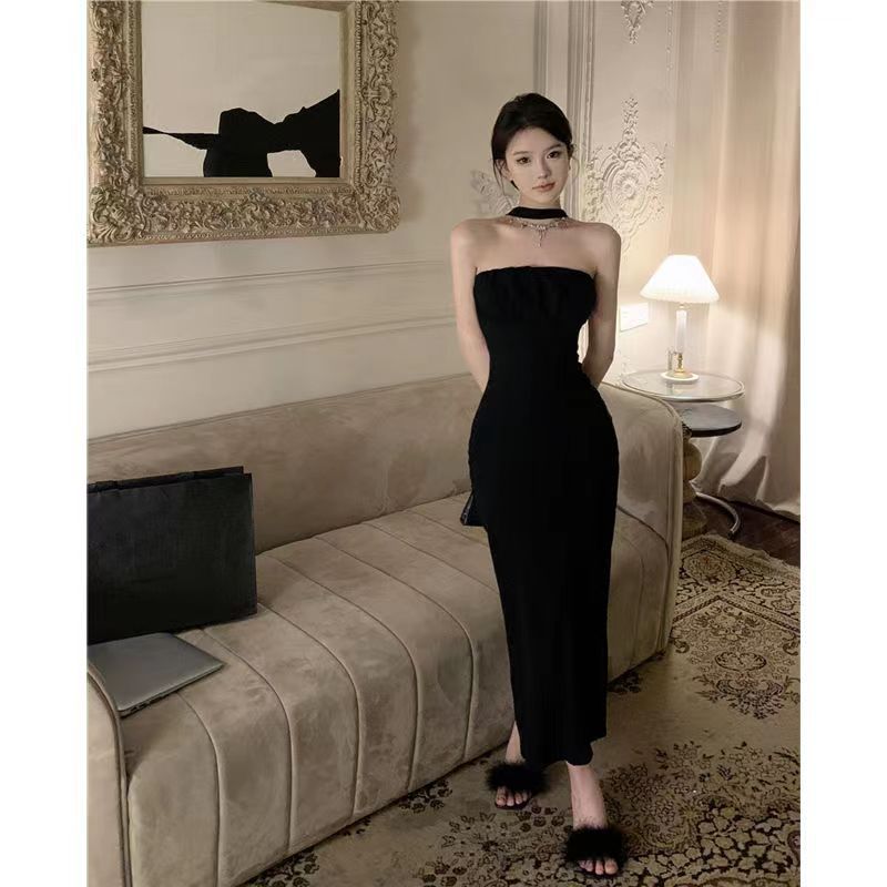 Kleid Schwarzes Neckholder-Kleid Sommer Hot Girl Rock Sexy Schleife Kleiner Slim-Fit Etuikleid Split Rock
