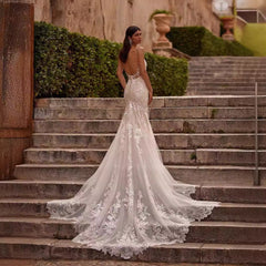 Kleid zum Beeindrucken, göttliches Wesen, hochwertiges, leichtes, luxuriöses, hohles Spitzenkleid, sexy, dünne Träger, Meerjungfrau, nachlaufendes, leichtes Brautkleid