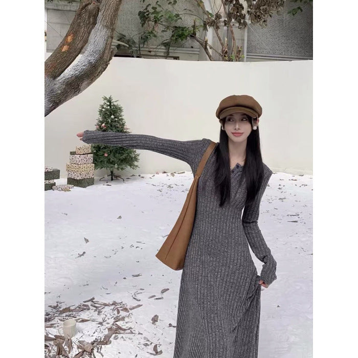 Outfit-Inspo Schneeflocken-Baumwoll-Streifen Herbst und Winter Neue Taille Schlankheitsrock Französisches Strick-A-Linien-Kleid für Damen