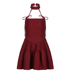 cybergoth dress to impress 2025 French Retro Red Bow Strap Halter Dress Waist Slimming A- line Fluffy Suspender Skirt Spring