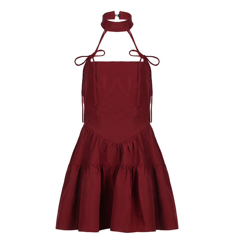 cybergoth dress to impress 2025 French Retro Red Bow Strap Halter Dress Waist Slimming A- line Fluffy Suspender Skirt Spring
