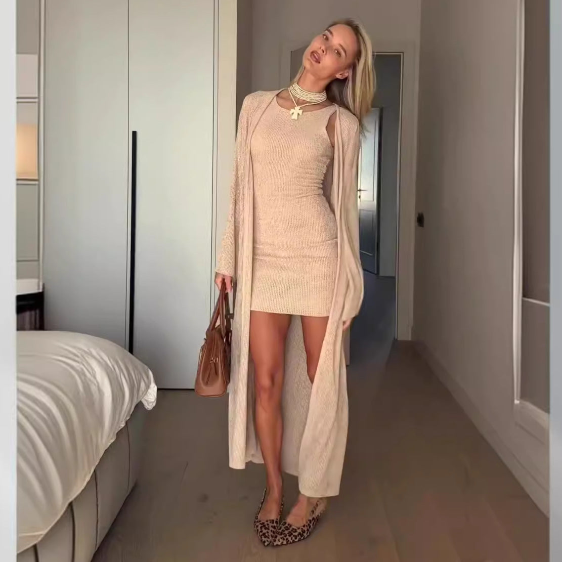 dti Outfits 2024 Herbst Neue einfarbige Rundhalsausschnitt Ärmelloser Hüftrock Lange Oberbekleidung Zweiteiliges Set für Damen