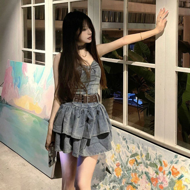 Divine Being Kleid, um zu beeindrucken Elegant Hot Girl Tube Top Denim Kleid Damen Sommer Neue Taille Abnehmen Kuchen Rock Mode