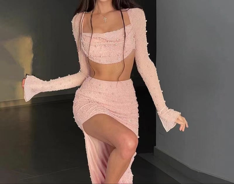 Geburtstagsoutfit Fy396 Gestrickter, perlenbesetzter, quadratischer Kragen, langärmeliger Oberteilrock, Frühlings-Damen-Sexy-Nabelrock für Damen