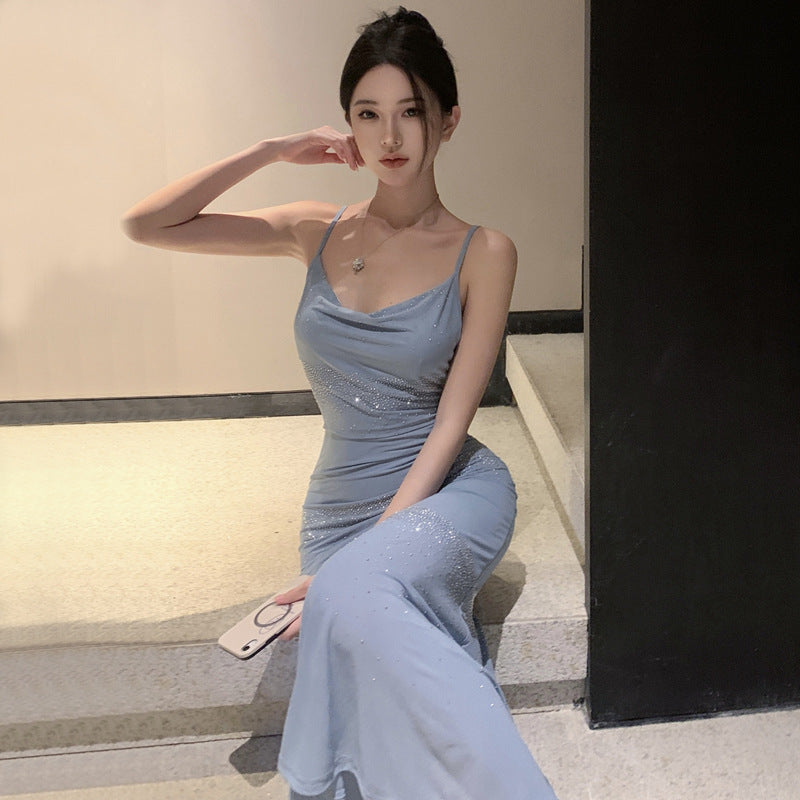 aquatic dress to impress Sexy Rhinestone Sling Swing Collar Slim Sheath Fishtail Dress Women