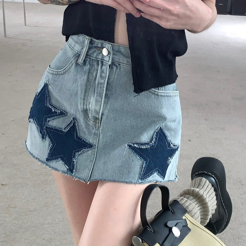 Y2k Amerikanischen Stil Große Rock Retro Stern ein Rock Sommer Hot Girl Design Hohe Taille Abnehmen Denim Rock