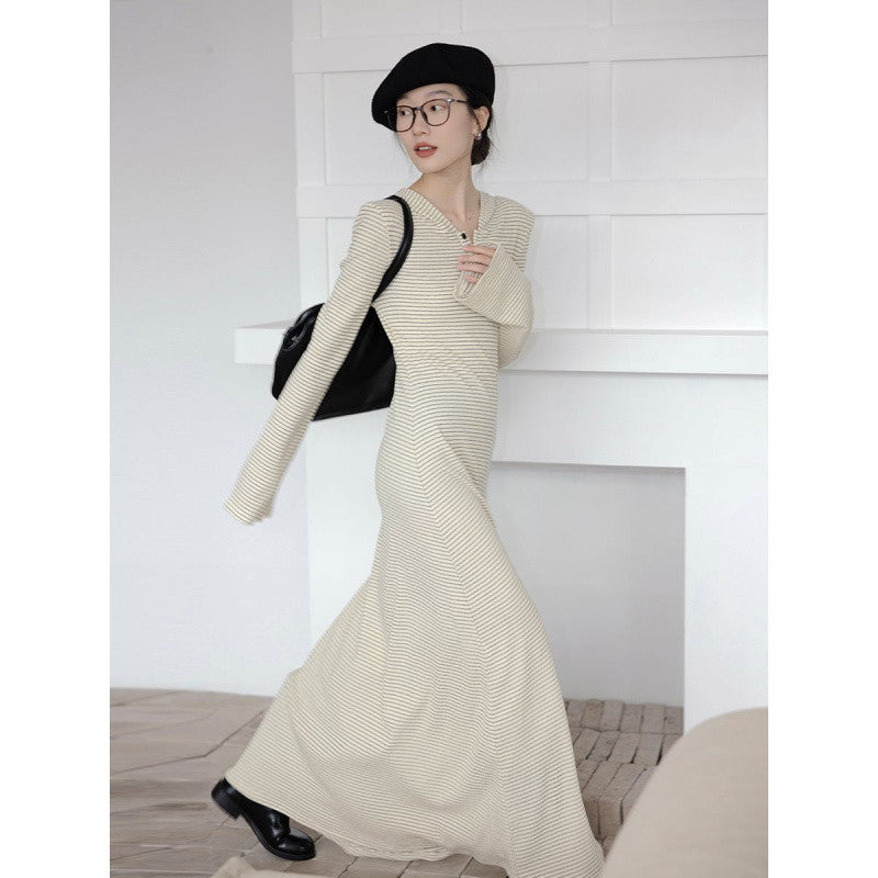 outfit inspo Striped Knitted Dress Women's Spring and Autumn 2025 New Design Tight Waist Slimming A- line Dress Casual Bottoming Dress