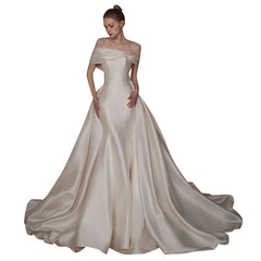 dress to impress divine being off-Shoulder Satin Fishtail Main Wedding Dress 2025 New Simple Mori Temperament Bridal Large Tail Welcome Yarn