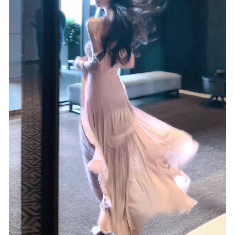 Outfit Es ist ein Feenkleid, Rosa 4 M Netzkleid mit geringer Sättigung, schlankmachendes Temperamentbandkleid für Frauen, Sommer 2025
