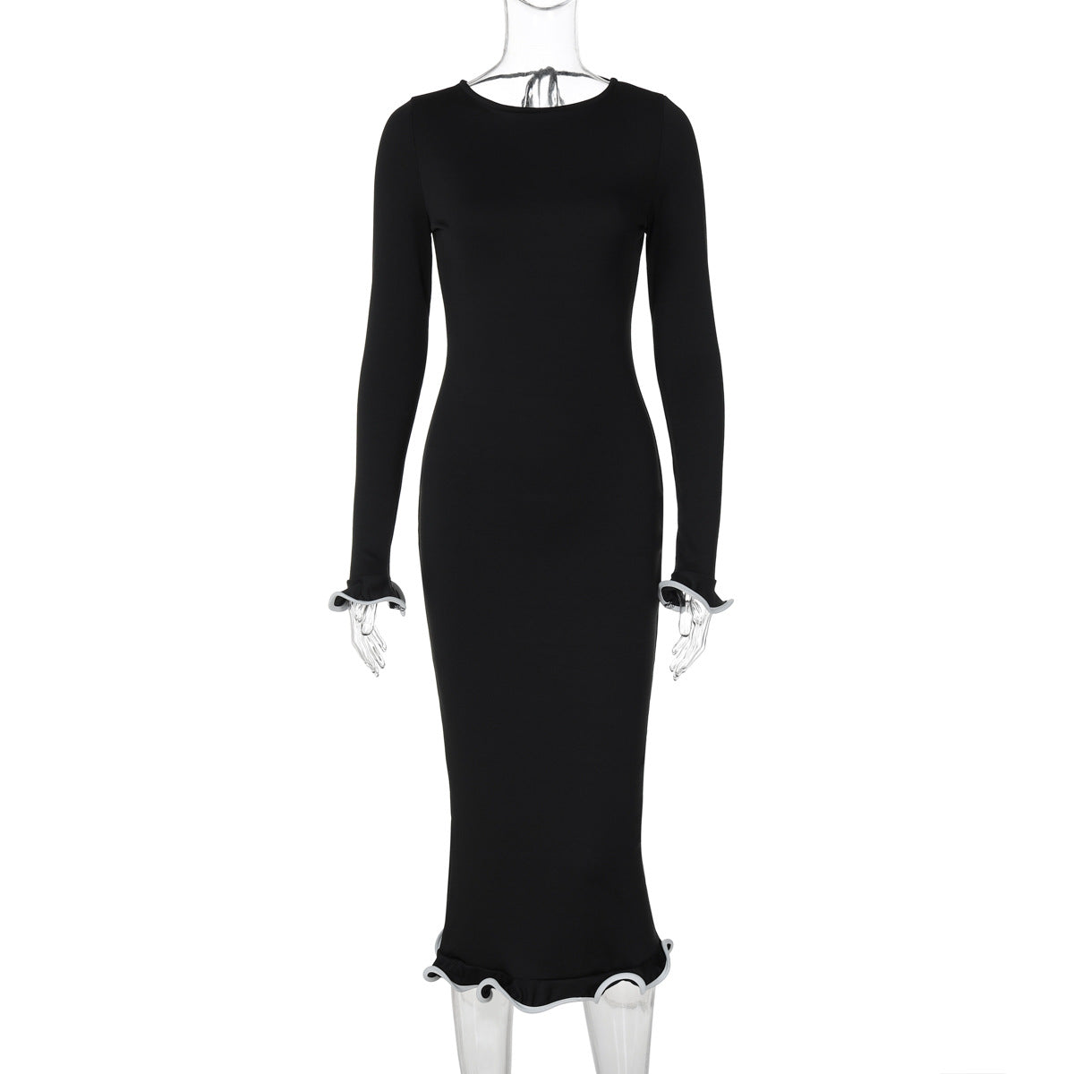 outfit inspo 2025 New Backless Flared Sleeve Ruffled Skirt Knitted Dress Sexy Contrast Color Long Dress Women