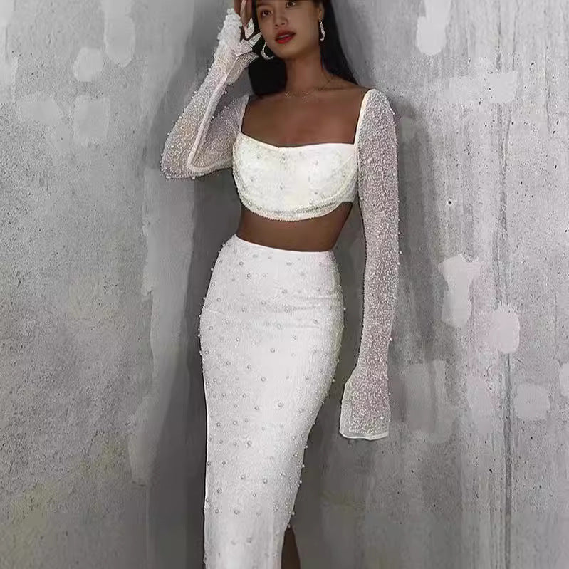 Geburtstagsoutfit Fy396 Gestrickter, perlenbesetzter, quadratischer Kragen, langärmeliger Oberteilrock, Frühlings-Damen-Sexy-Nabelrock für Damen