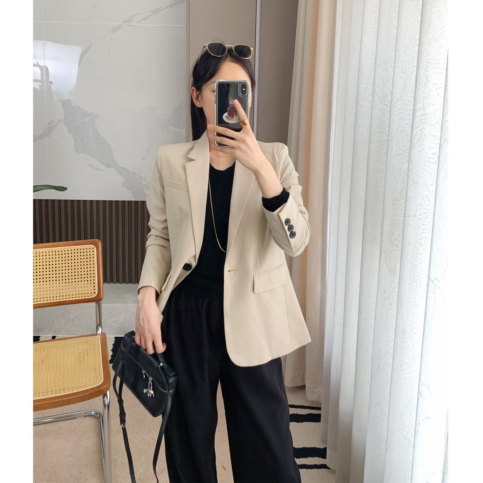 Business-Outfit für Damen Th Home Leichter Luxus! Dreidimensional geschnittene Wollmischung Slim Fit Schlankmachender Anzug mit einem Knopf Jacke Rock Anzug Damen