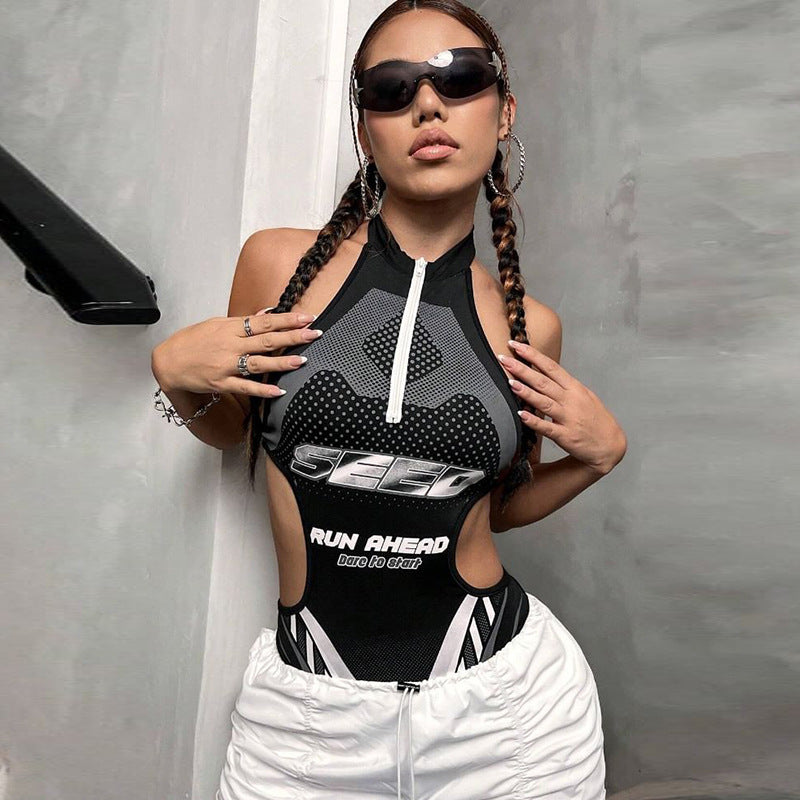 Street Letters Print Hollow Bodysuit