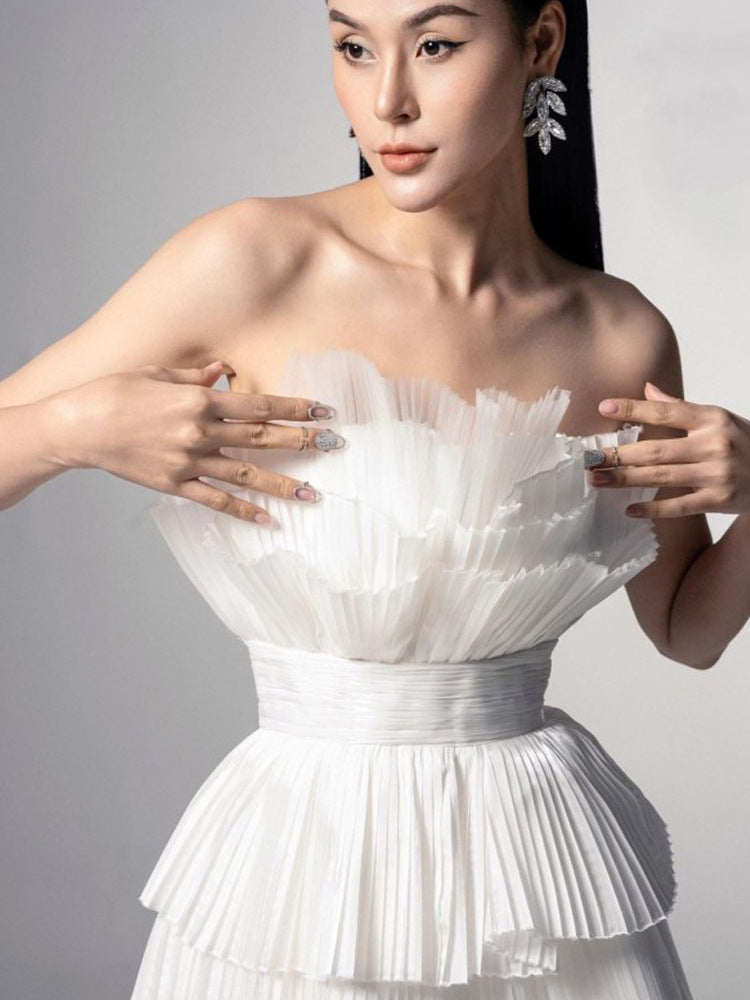 Kleid Vietnam Designer Dreidimensionales Plissee-Fächer-Netz-Kuchenrock-Party-Taille-Tube-Top-Kleid 30008