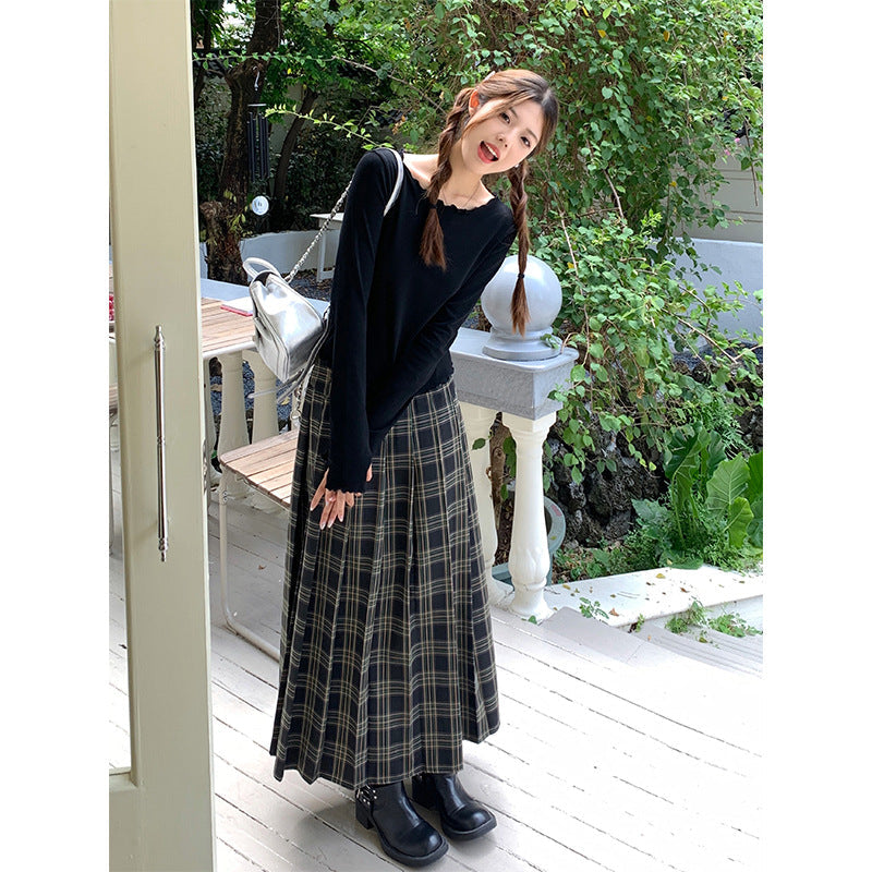 90s fashion 2024 Early Autumn Retro Preppy Style Plaid Pleated Skirt Green Plaid High Waist Mid-Length Skirt