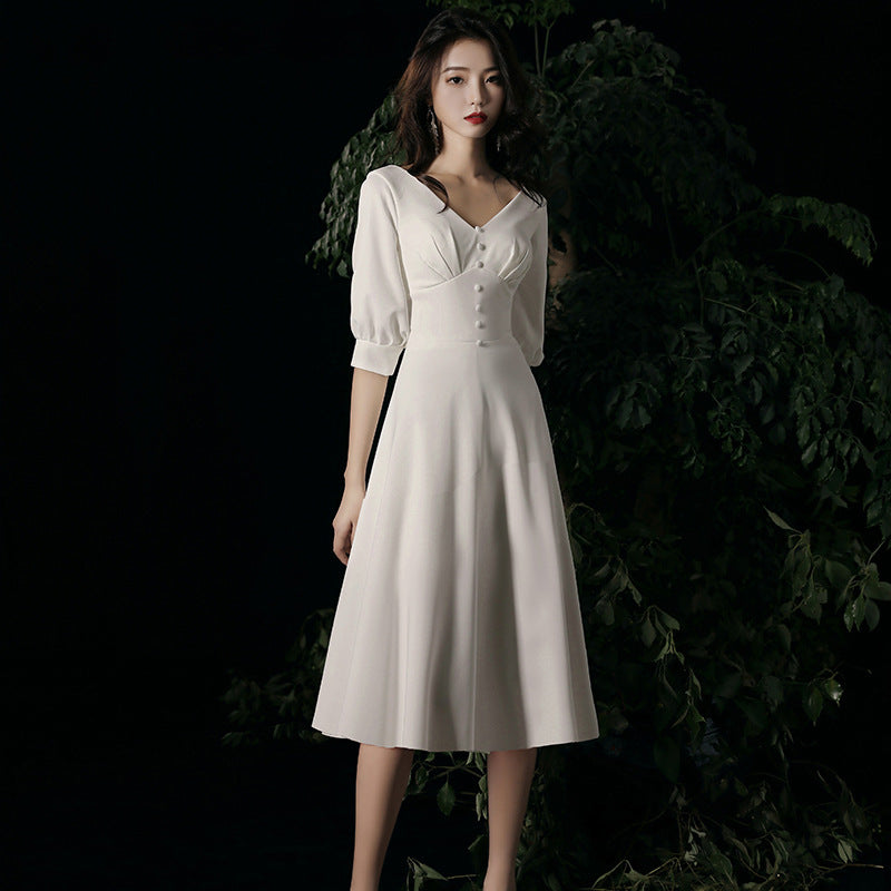 outfit White Evening Dress 2025 New Elegant Host Light Luxury French Registration Socialite Banquet Dress