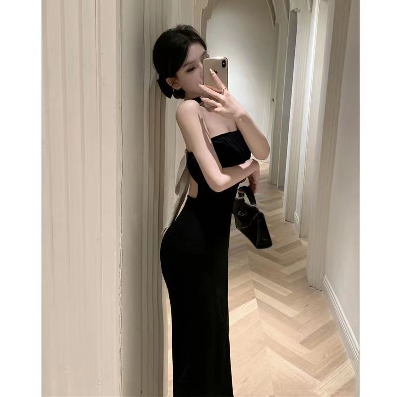 Kleid Schwarzes Neckholder-Kleid Sommer Hot Girl Rock Sexy Schleife Kleiner Slim-Fit Etuikleid Split Rock