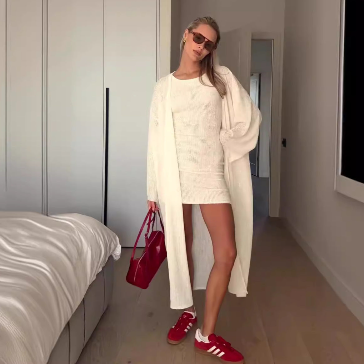 dti Outfits 2024 Herbst Neue einfarbige Rundhalsausschnitt Ärmelloser Hüftrock Lange Oberbekleidung Zweiteiliges Set für Damen
