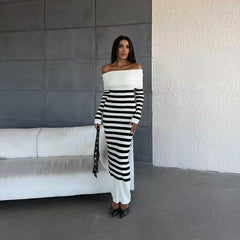 long sweater dress outfit 2025 Autumn and Winter Korean Style Women's off-Shoulder Long Sleeve Striped Sweater Knitted Dress Slim Slimming Dress 6979