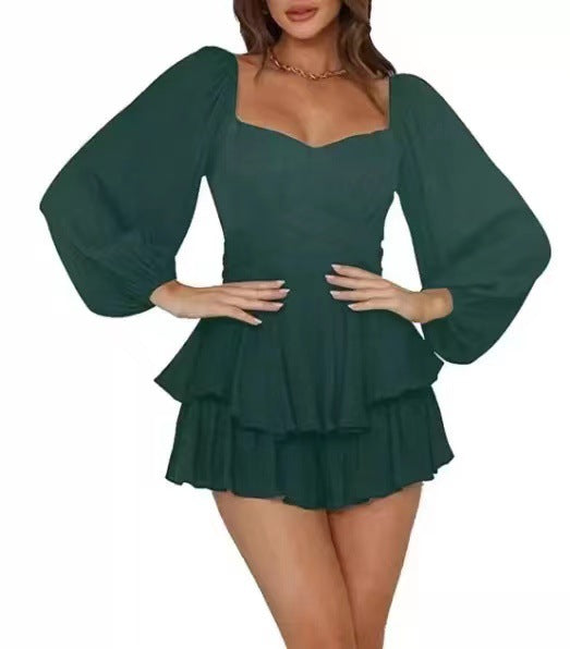Western-Outfits Damen Urban Fashion Rüschen-Jumpsuit Damen Sommer Laterne Langarm Quadratischer Kragen Enge Taille Elegant Modisch Casual Hosenrock