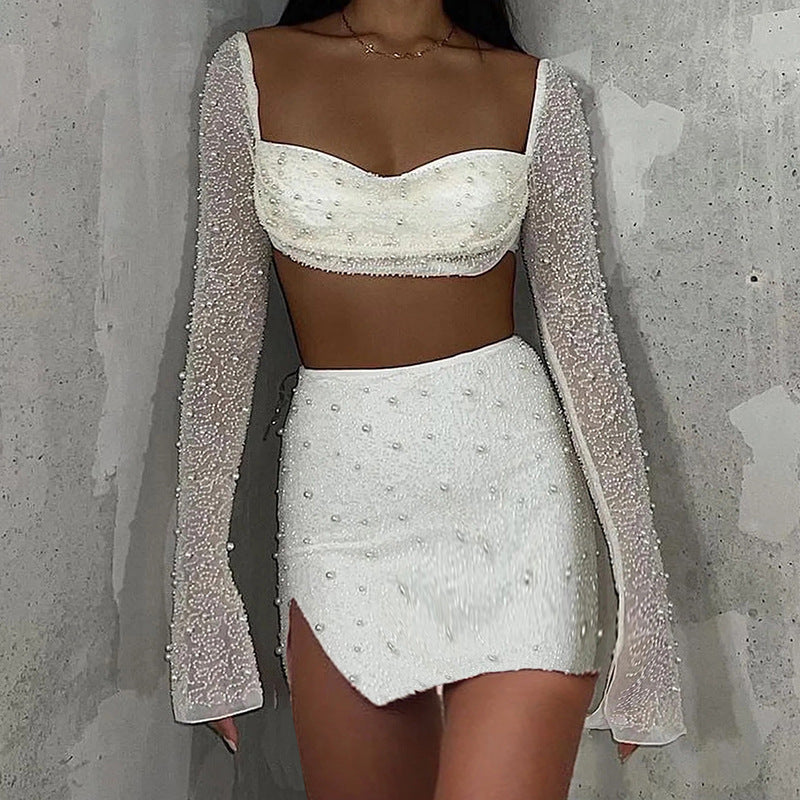 Geburtstagsoutfit Fy396 Gestrickter, perlenbesetzter, quadratischer Kragen, langärmeliger Oberteilrock, Frühlings-Damen-Sexy-Nabelrock für Damen