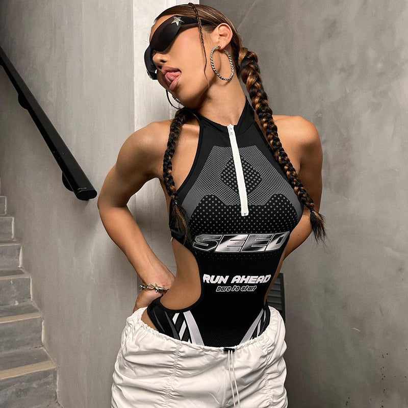 Street Letters Print Hollow Bodysuit