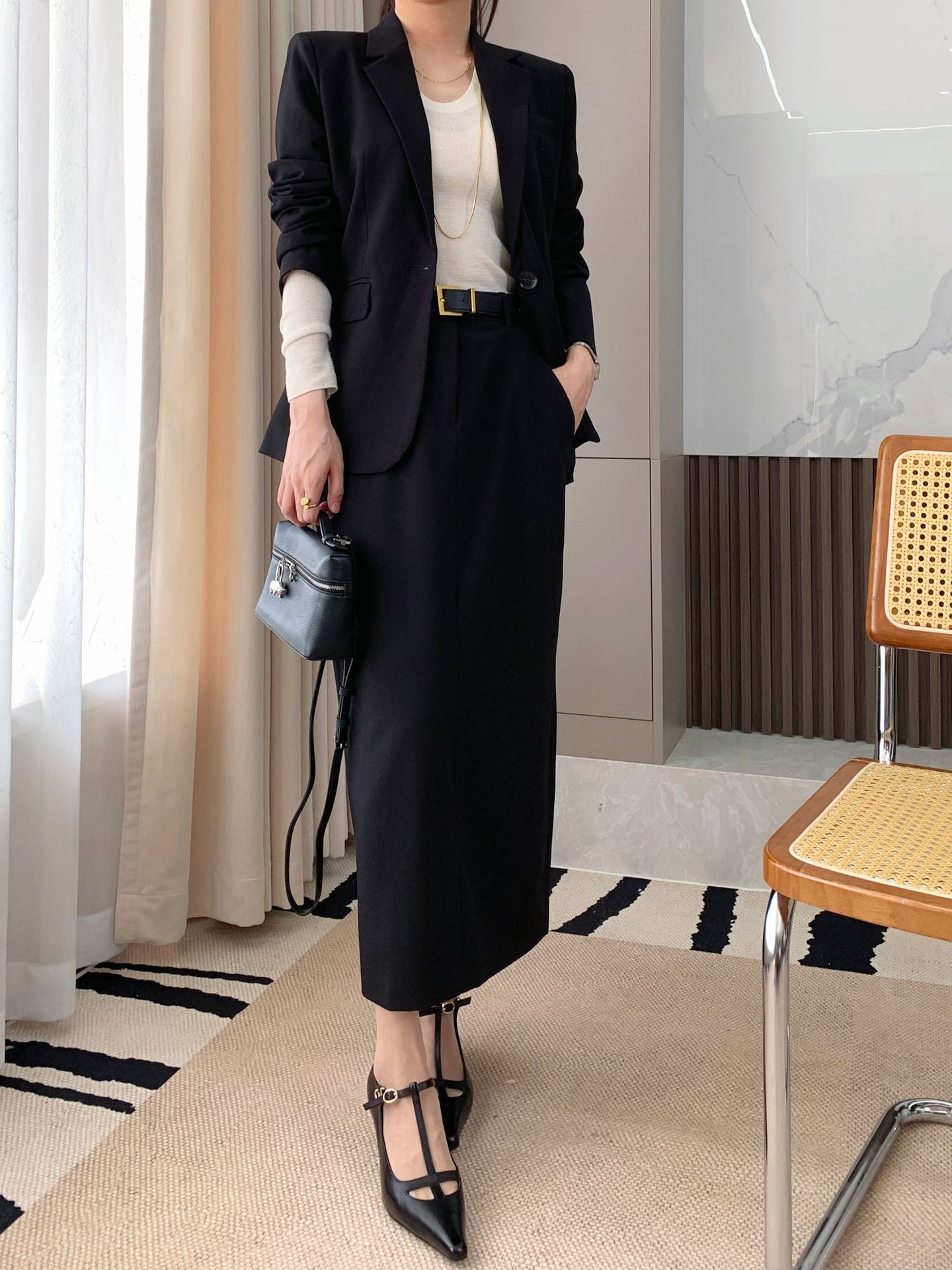 Business-Outfit für Damen Th Home Leichter Luxus! Dreidimensional geschnittene Wollmischung Slim Fit Schlankmachender Anzug mit einem Knopf Jacke Rock Anzug Damen