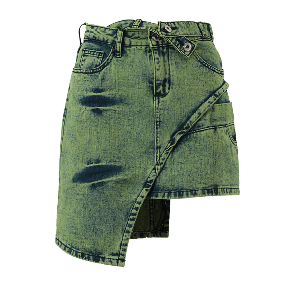 Lookbook-Outfits Sommer Beliebtes Nischendesign Denim Halblanger asymmetrischer verwaschener grüner Jeansrock Sommer-Jeansrock