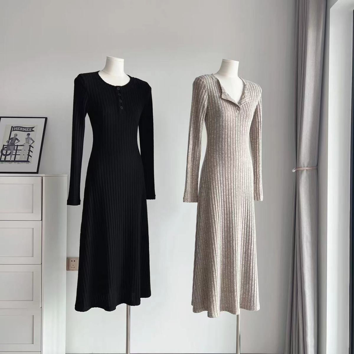 Outfit-Inspo Schneeflocken-Baumwoll-Streifen Herbst und Winter Neue Taille Schlankheitsrock Französisches Strick-A-Linien-Kleid für Damen