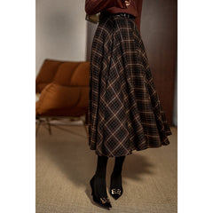 90s fashion Spring New Retro Plaid High Waist Elegant Loose Slimming Large Swing A- line Midi Skirt