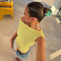 simple solid color oblique collar pleated tight  top