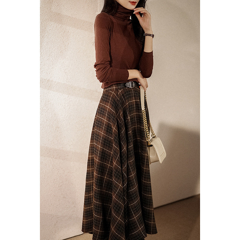 90s fashion Spring New Retro Plaid High Waist Elegant Loose Slimming Large Swing A- line Midi Skirt