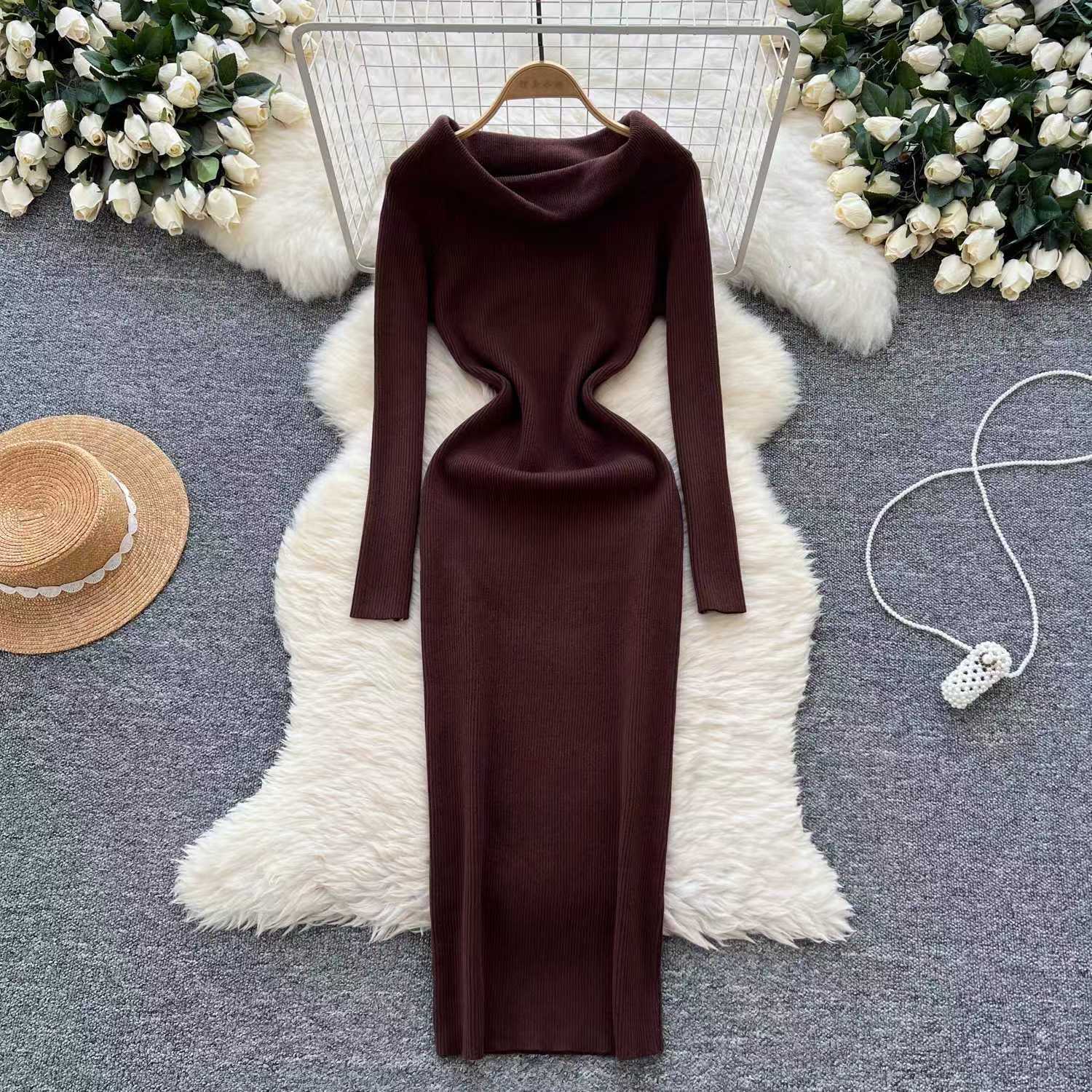 long sweater dress outfit 2025 Autumn and Winter Elegant Slim-Fit Sheath Slimming off-Shoulder Collarbone Black and White Stripe Knitted Dress 82