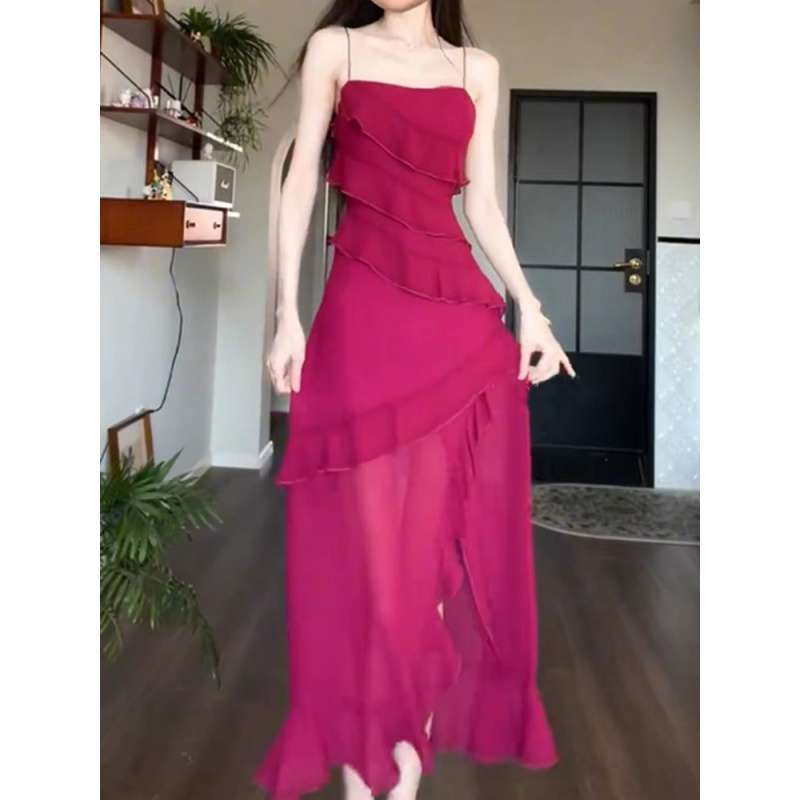 Dress to Impress-Codes Übergröße, französisches Strandurlaubskleid mit Hosenträgerrock, romantisches Damenkleid mit unregelmäßigen Rüschen