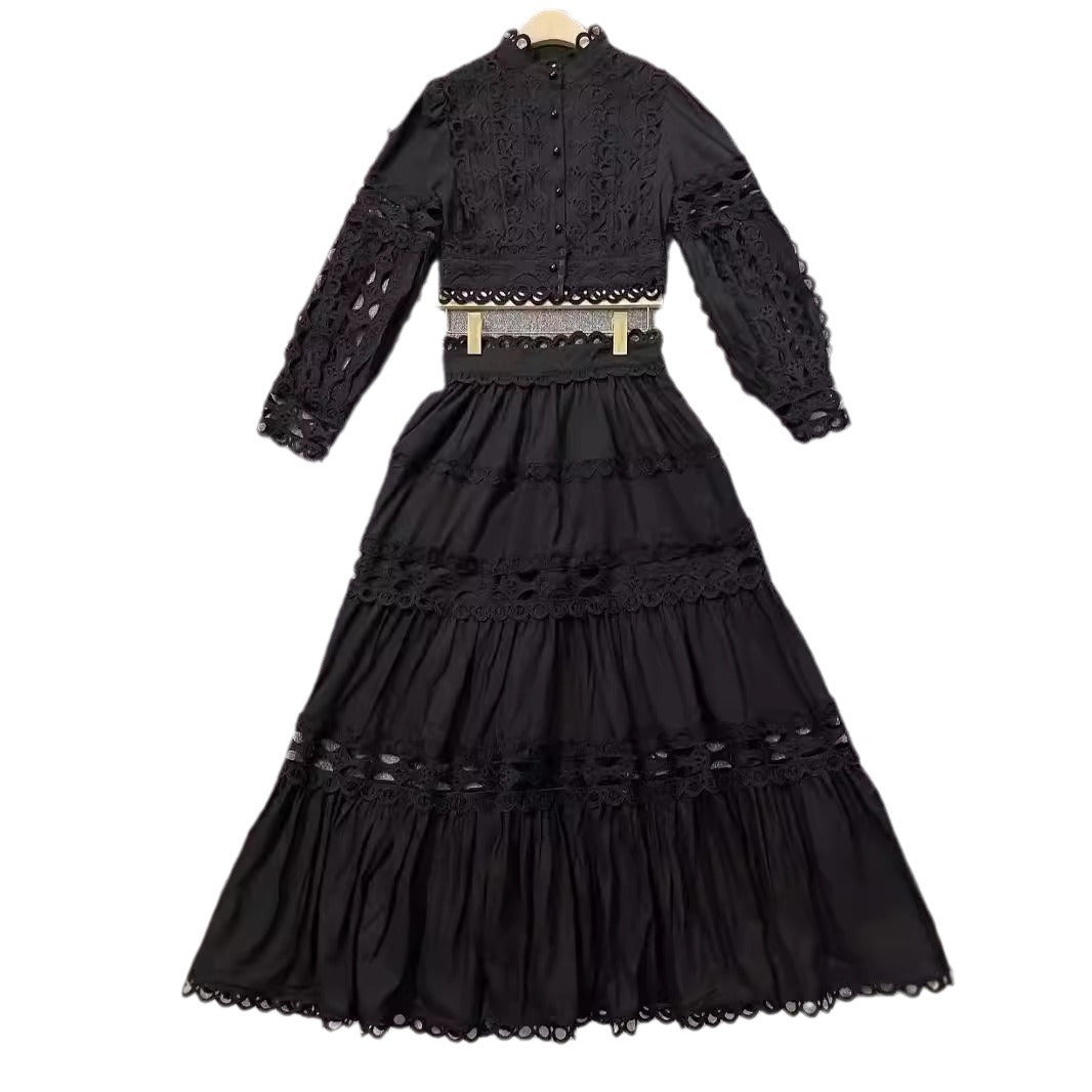 Kirchenoutfit 2024 Stil Frühling Neue elegante Mode Hohl Einreihiges Oberteil + Rockanzug