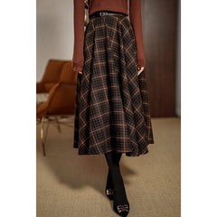 90s fashion Spring New Retro Plaid High Waist Elegant Loose Slimming Large Swing A- line Midi Skirt