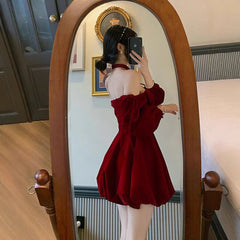 Leaord Weihnachtsoutfit Stimmungsvolles Shirt Ankela Rotes Samt-Neckholderkleid Damen Herbst und Winter Taillenenges Hochwertiges Kleid Pettiskirt