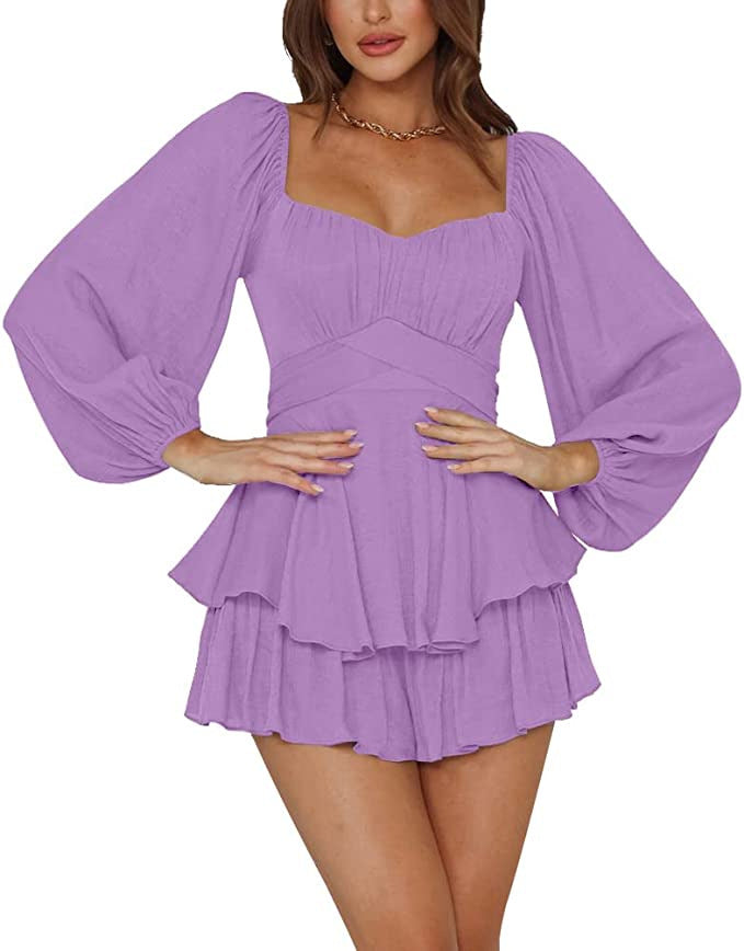 Western-Outfits Damen Urban Fashion Rüschen-Jumpsuit Damen Sommer Laterne Langarm Quadratischer Kragen Enge Taille Elegant Modisch Casual Hosenrock