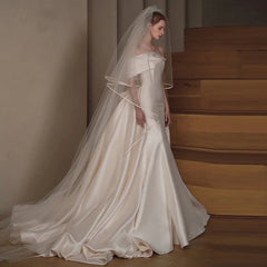 dress to impress divine being off-Shoulder Satin Fishtail Main Wedding Dress 2025 New Simple Mori Temperament Bridal Large Tail Welcome Yarn