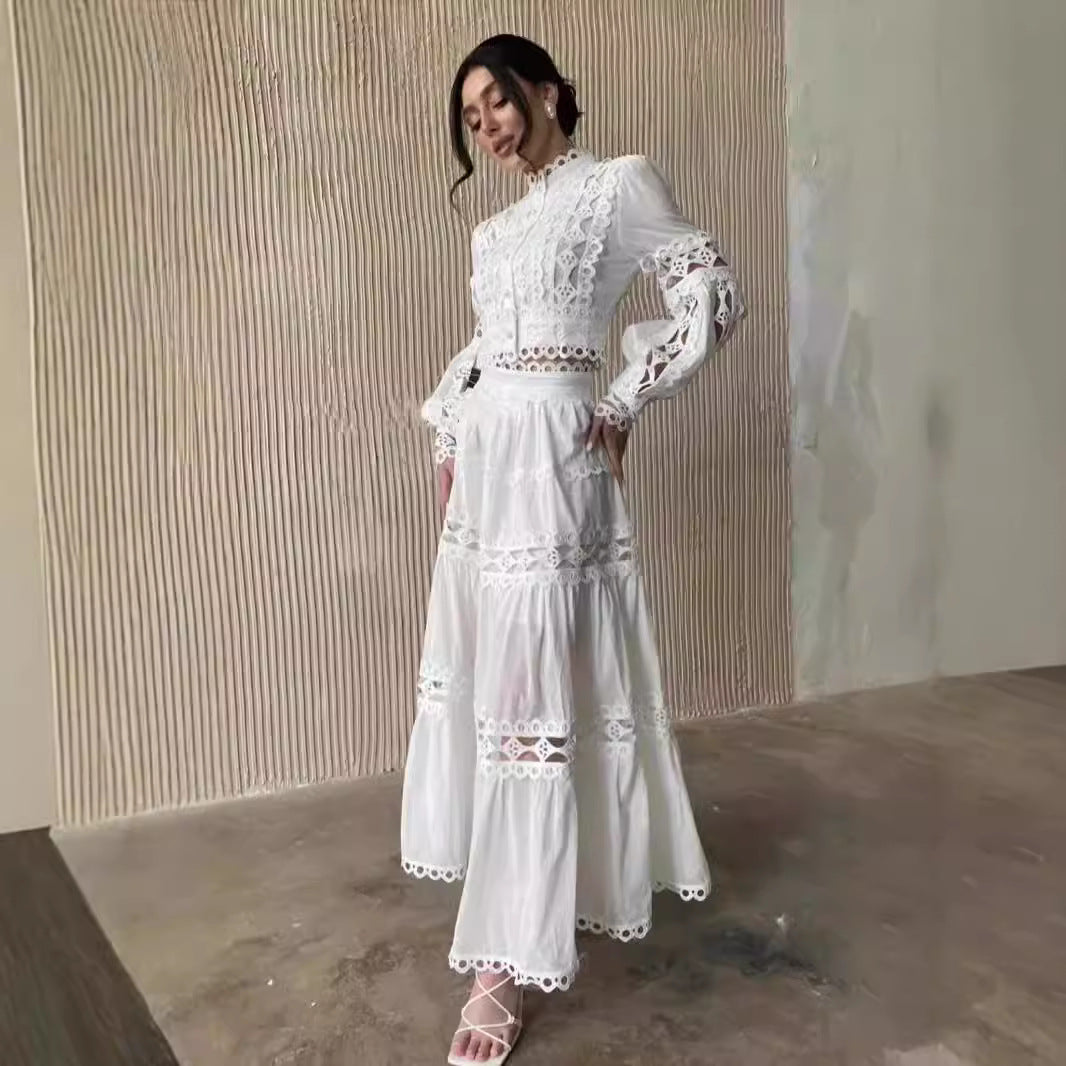 Kirchenoutfit 2024 Stil Frühling Neue elegante Mode Hohl Einreihiges Oberteil + Rockanzug