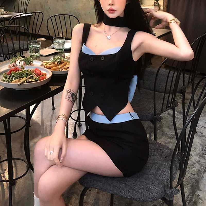 buisnesscore outfit women Hot Girl Suit Women's Summer New Contrast Color Design Fashion Backless Pure Desire Butterfly Strap Skirt Two-Piece Suit Fashion