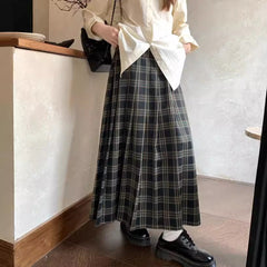 90s fashion 2024 Early Autumn Retro Preppy Style Plaid Pleated Skirt Green Plaid High Waist Mid-Length Skirt