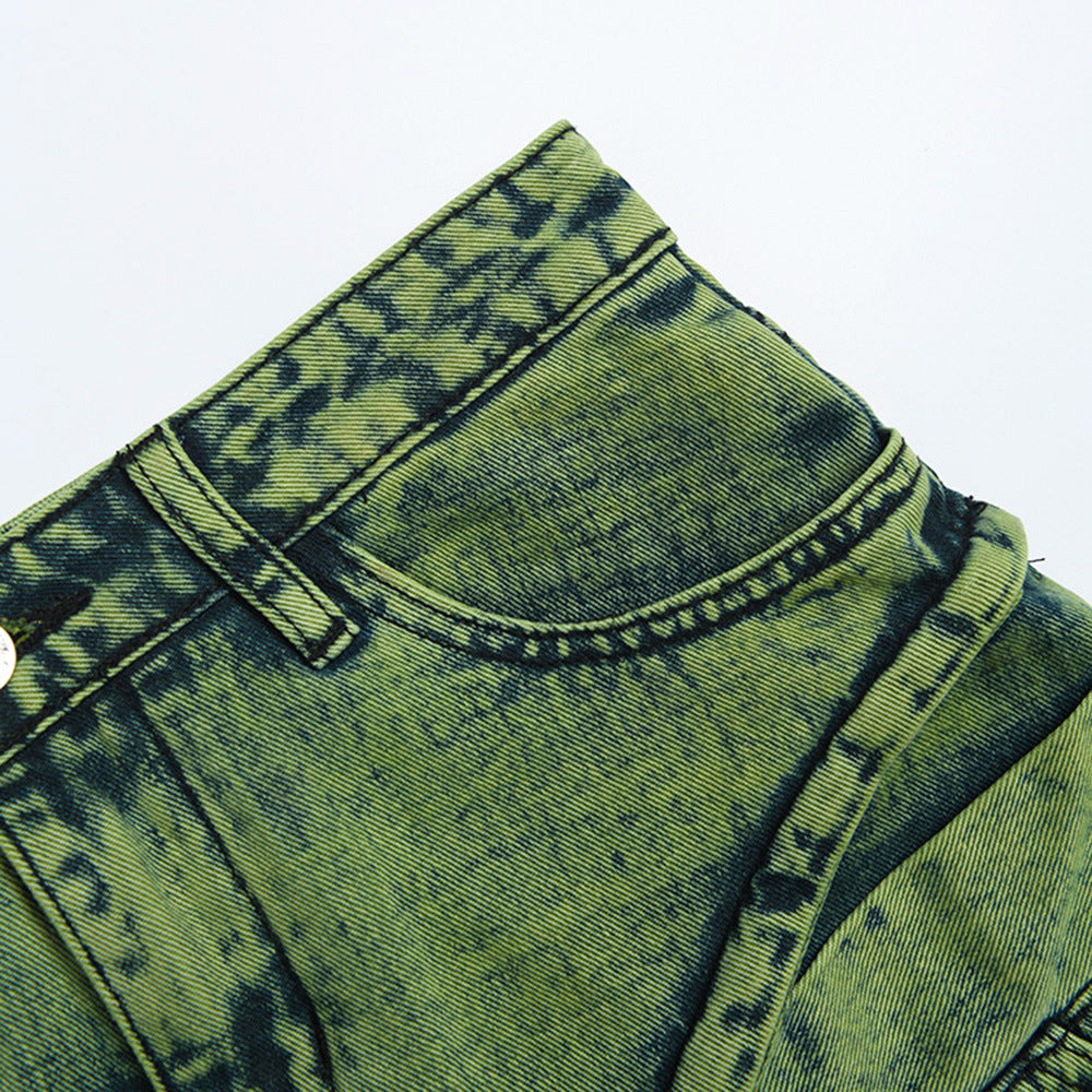 Lookbook-Outfits Sommer Beliebtes Nischendesign Denim Halblanger asymmetrischer verwaschener grüner Jeansrock Sommer-Jeansrock