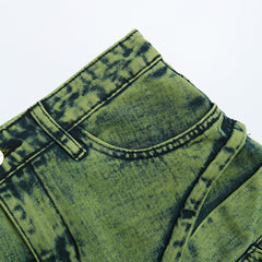 Lookbook-Outfits Sommer Beliebtes Nischendesign Denim Halblanger asymmetrischer verwaschener grüner Jeansrock Sommer-Jeansrock