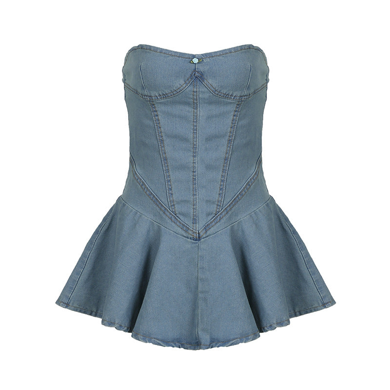 birthday outfit 2025 Summer Tube Top Elastic Waist A- line Dress Split Sexy Lotus Leaf Hem Sheath Denim Skirt