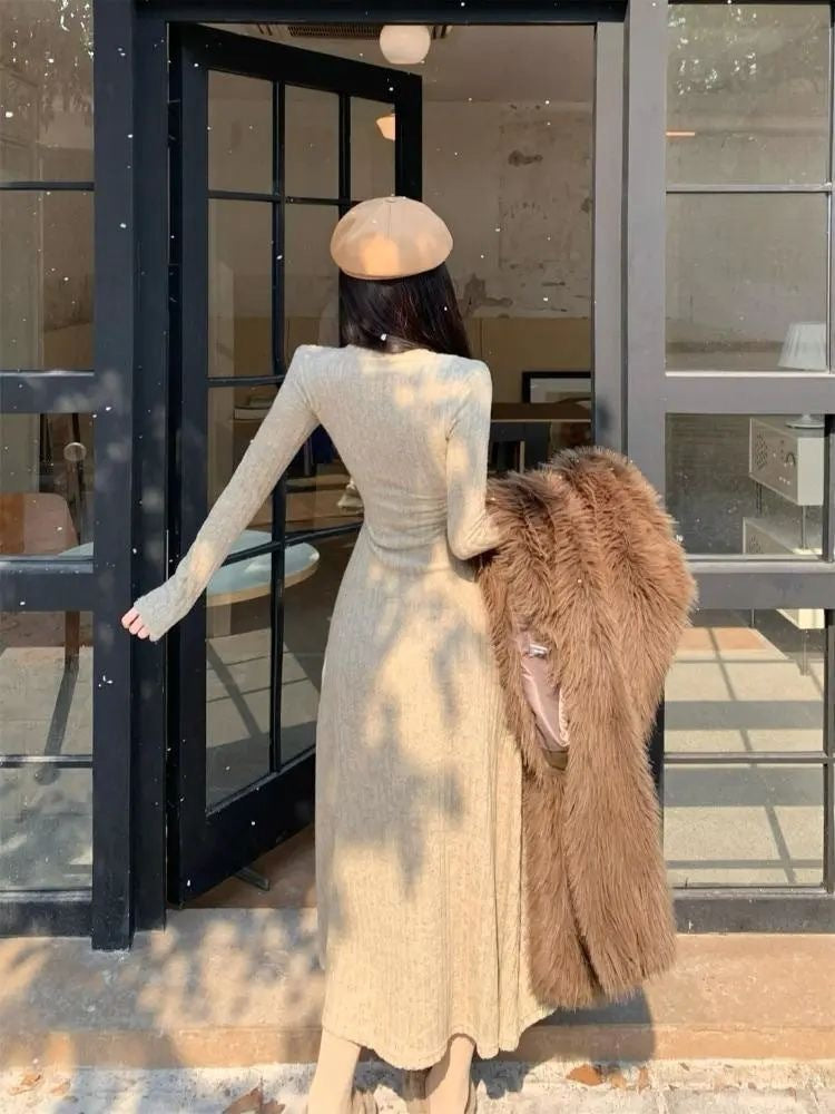 Outfit-Inspo Schneeflocken-Baumwoll-Streifen Herbst und Winter Neue Taille Schlankheitsrock Französisches Strick-A-Linien-Kleid für Damen