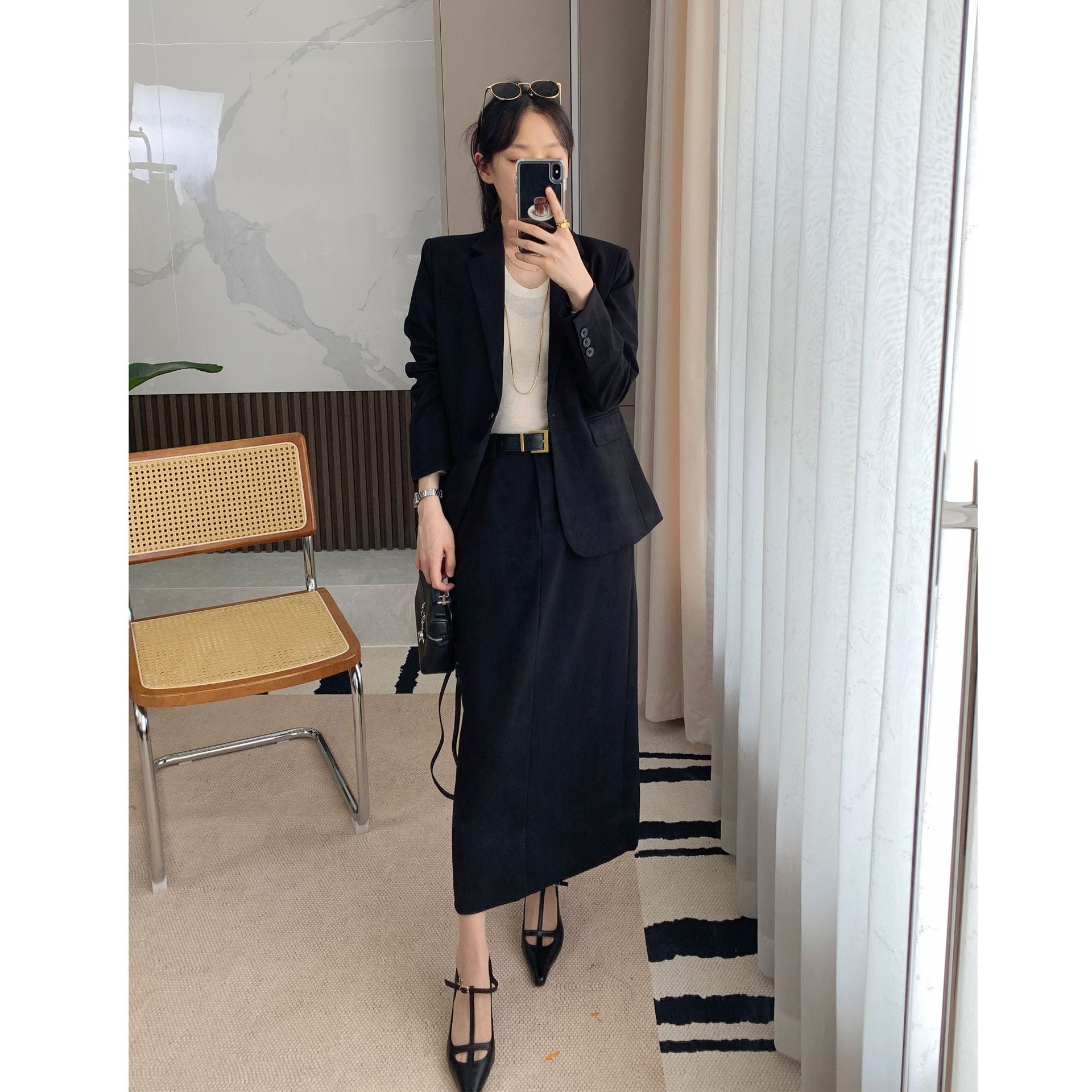 Business-Outfit für Damen Th Home Leichter Luxus! Dreidimensional geschnittene Wollmischung Slim Fit Schlankmachender Anzug mit einem Knopf Jacke Rock Anzug Damen