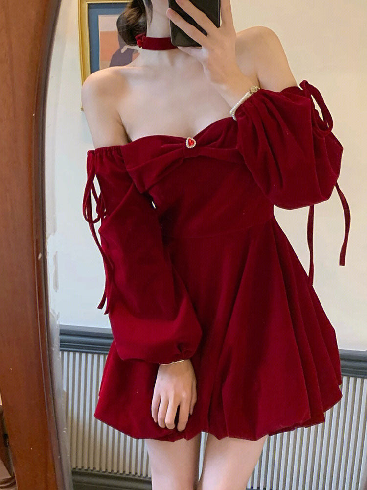 Leaord Weihnachtsoutfit Stimmungsvolles Shirt Ankela Rotes Samt-Neckholderkleid Damen Herbst und Winter Taillenenges Hochwertiges Kleid Pettiskirt