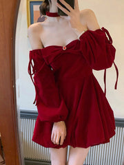 Leaord Weihnachtsoutfit Stimmungsvolles Shirt Ankela Rotes Samt-Neckholderkleid Damen Herbst und Winter Taillenenges Hochwertiges Kleid Pettiskirt